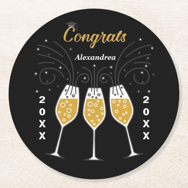 Posavasos Redondo De Papel Felicitaciones Grad Graduation Gold Personalizado (Anverso)