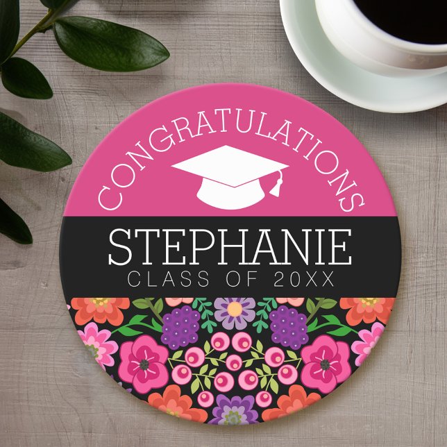 Posavasos Redondo De Papel Felicitaciones Graduate Girly Flowers Graduation (Personalized coaster - Graduation Party)