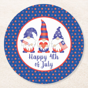 Posavasos Redondo De Papel Feliz 4 de julio de gnomos azul rojo blanco