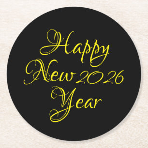 Posavasos Redondo De Papel Feliz Año Nuevo 2026 Guión negro y amarillo
