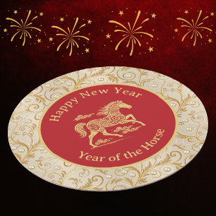 Posavasos Redondo De Papel Feliz Año Nuevo Chino del Caballo Elegante Dorado