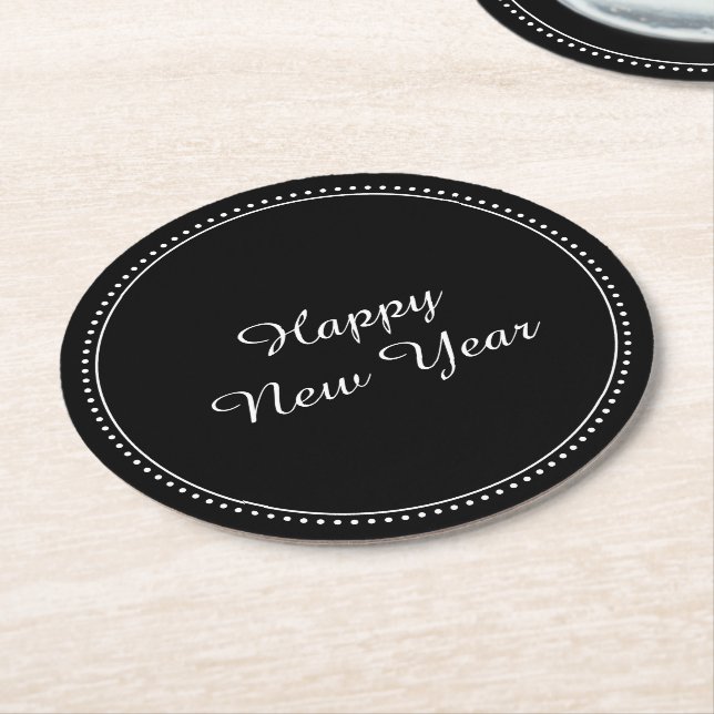 Posavasos Redondo De Papel Feliz Año Nuevo Elegante Milgrano Blanco y Negro (En perspectiva)
