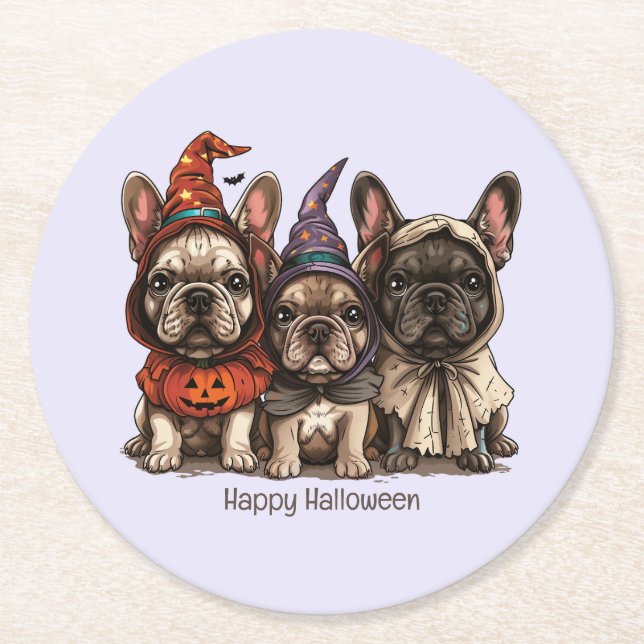 Posavasos Redondo De Papel Feliz Bulldog francés de Halloween (Anverso)