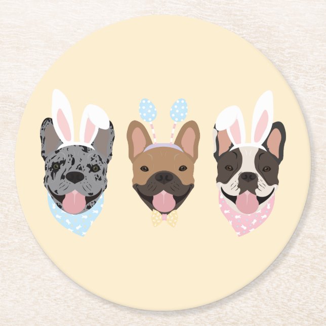 Posavasos Redondo De Papel Feliz Bulldog francés de Pascua (Anverso)