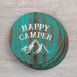 Posavasos Redondo De Papel Feliz Camper Mountain Adventure Camping Verde azul<br><div class="desc">Feliz Camper Rustic Mountain Adventure Verde azulado Barn Wood Camping Sastres.</div>