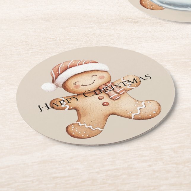 Posavasos Redondo De Papel Feliz Cookie de Gingerbread con Santa Hat (En perspectiva)