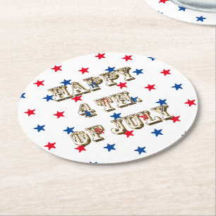 Posavasos Redondo De Papel Feliz cuarto de julio, oro, estrellas azules rojas