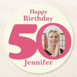 Posavasos Redondo De Papel Feliz cumpleaños 50 gallos de papel fotográfico y 