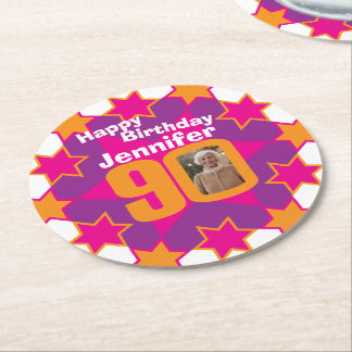 Posavasos Redondo De Papel Feliz cumpleaños 90 copas de papel fotográfico y n