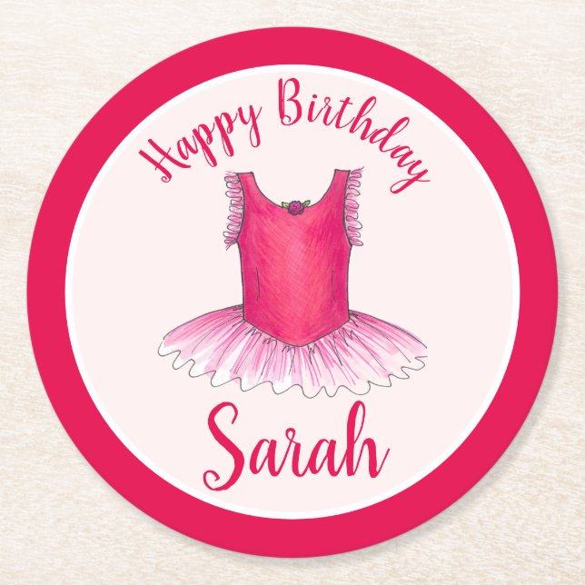 Posavasos Redondo De Papel Feliz cumpleaños Ballet Rosa Dance Ballerina Tutu (Anverso)