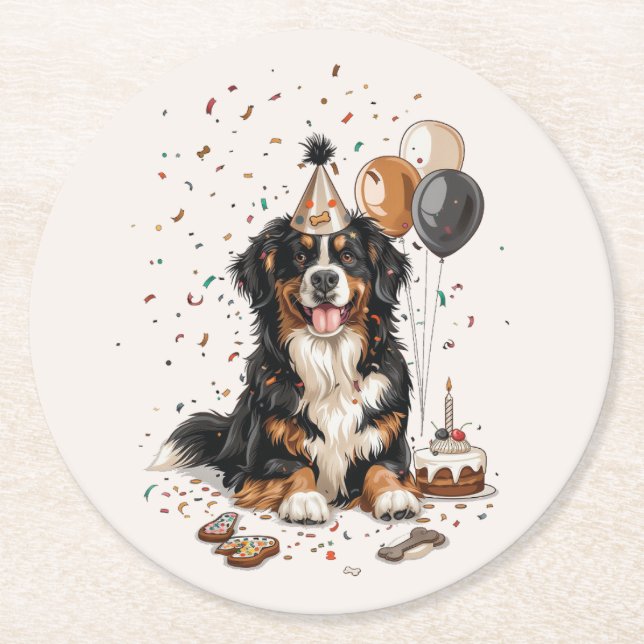 Posavasos Redondo De Papel Feliz cumpleaños Bernese Mountain Dog (Anverso)