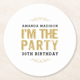 Posavasos Redondo De Papel Feliz cumpleaños, Cute, soy la tipografía de oro d