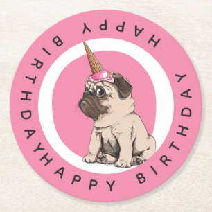 Posavasos Redondo De Papel Feliz cumpleaños el   Pugicorn