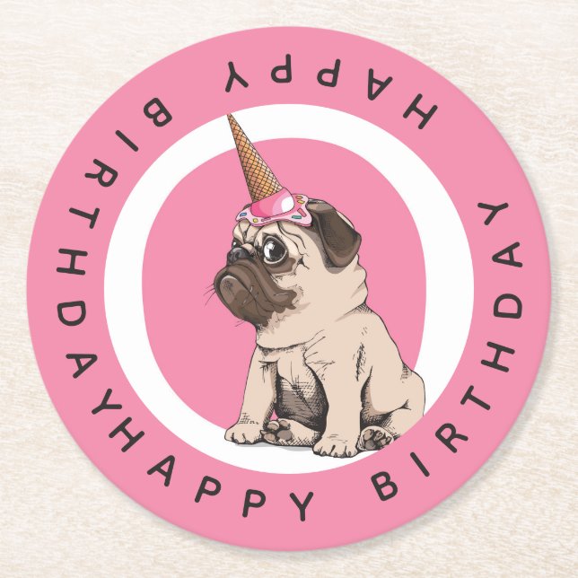 Posavasos Redondo De Papel Feliz cumpleaños el | Pugicorn (Anverso)