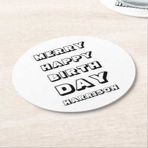 Posavasos Redondo De Papel Feliz Cumpleaños Feliz Navidad nombre personalizad