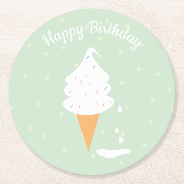 Posavasos Redondo De Papel Feliz cumpleaños, helado de helado de cono asperso (Anverso)