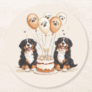 Posavasos Redondo De Papel Feliz cumpleaños, perros de montaña de Bernese