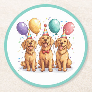 Posavasos Redondo De Papel Feliz Cumpleaños Perros Retriever Dorados