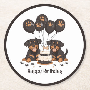Posavasos Redondo De Papel Feliz Cumpleaños Perros Rottweiler