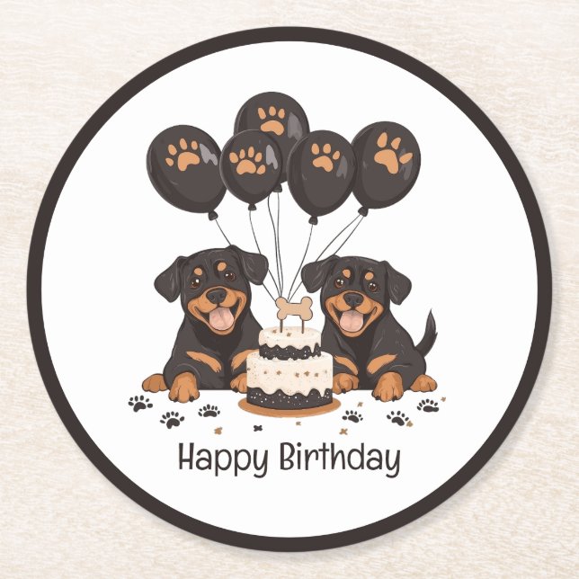 Posavasos Redondo De Papel Feliz cumpleaños Rottweiler Dogs (Anverso)