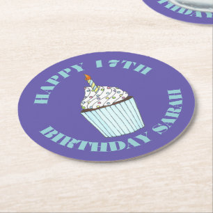 Posavasos Redondo De Papel Feliz cumpleaños, torta azul rociada con espolvore