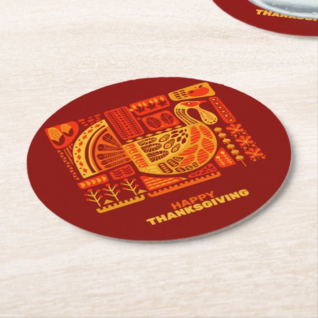 Posavasos Redondo De Papel Feliz Día de Acción de Gracias Naranja de Resumen  (En perspectiva)