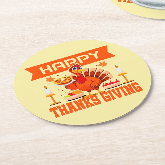 Posavasos Redondo De Papel Feliz Día de Acción de Gracias Turquía con pie (En perspectiva)