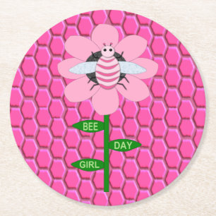 Posavasos Redondo De Papel Feliz Día de la Abeja Chica Pink Birthday Bumblebe
