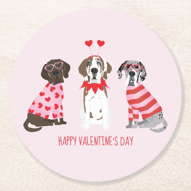Posavasos Redondo De Papel Feliz Día de San Valentín grandes perros daneses (Anverso)