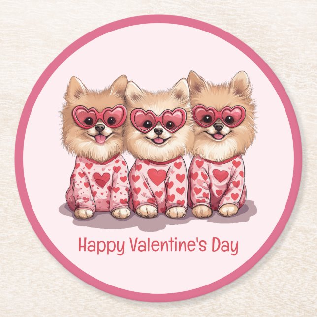 Posavasos Redondo De Papel Feliz Día de San Valentín Perros Pomeranos (Anverso)