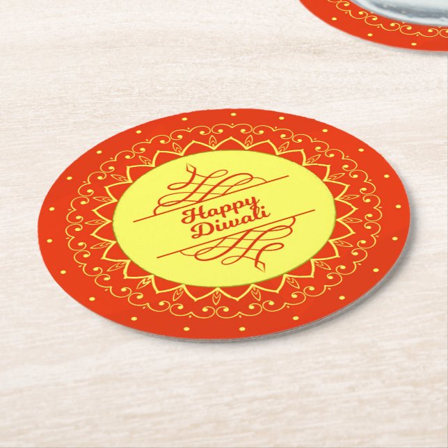Posavasos Redondo De Papel Feliz Diwali Naranja Cream Mandala Moderno (En perspectiva)