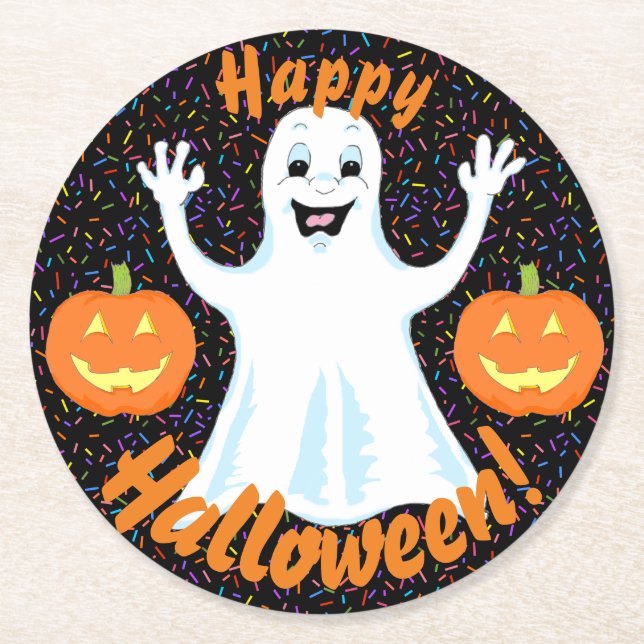 Posavasos Redondo De Papel Feliz Fantasma Halloween (Anverso)