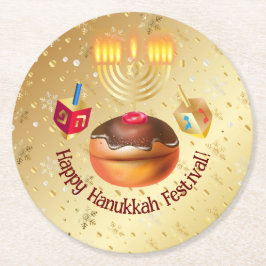 Posavasos Redondo De Papel Feliz feriado de Hanukkah Donuts y Menorah Gold