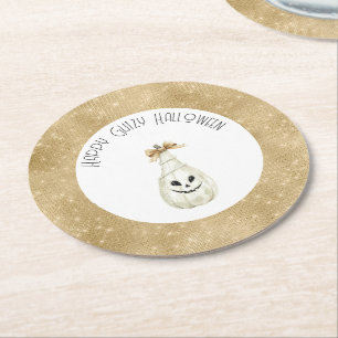 Posavasos Redondo De Papel Feliz Glitzy Halloween Cara de Calabaza Crema Dora