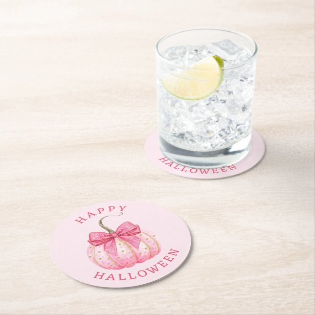 Posavasos Redondo De Papel Feliz Halloween Coquette Rosa Bow (In situ)