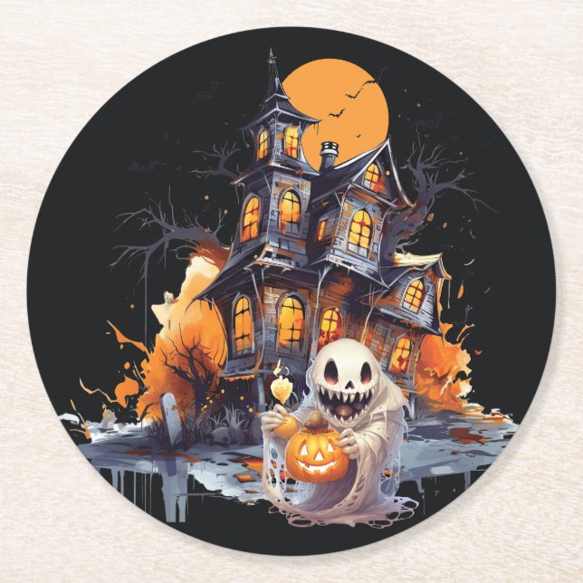 Posavasos Redondo De Papel Feliz Halloween Ghoul (Anverso)