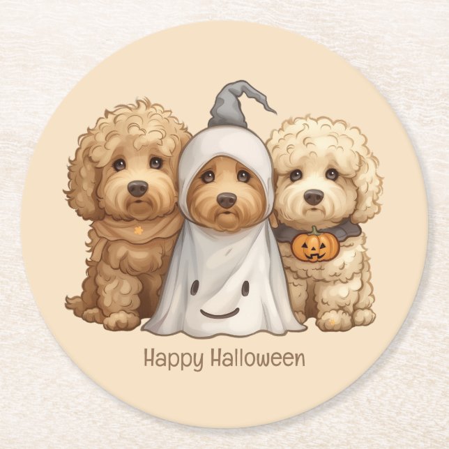 Posavasos Redondo De Papel Feliz Halloween Goldendoodle Dogs (Anverso)