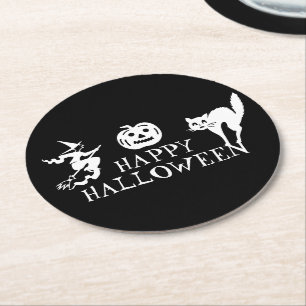Posavasos Redondo De Papel Feliz Halloween negro blanco espeluznante