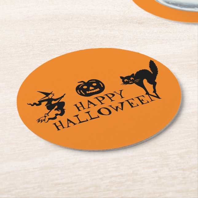 Posavasos Redondo De Papel Feliz Halloween negro y naranja espantado (En perspectiva)