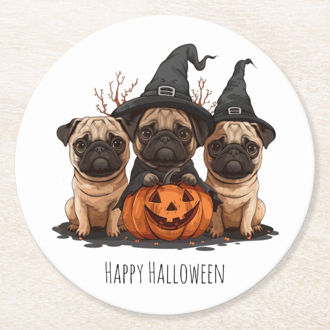Posavasos Redondo De Papel Feliz Halloween Pugs Jack O Lanterns (Anverso)
