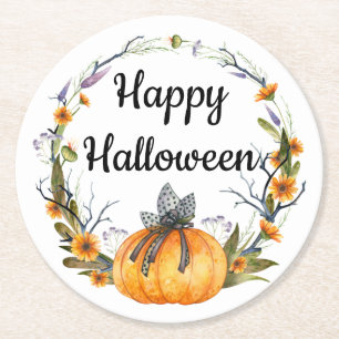 Posavasos Redondo De Papel Feliz Halloween Watercolor Calabaza Wreath