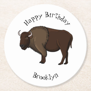 Posavasos Redondo De Papel Feliz ilustracion de búfalo de bisonte americano
