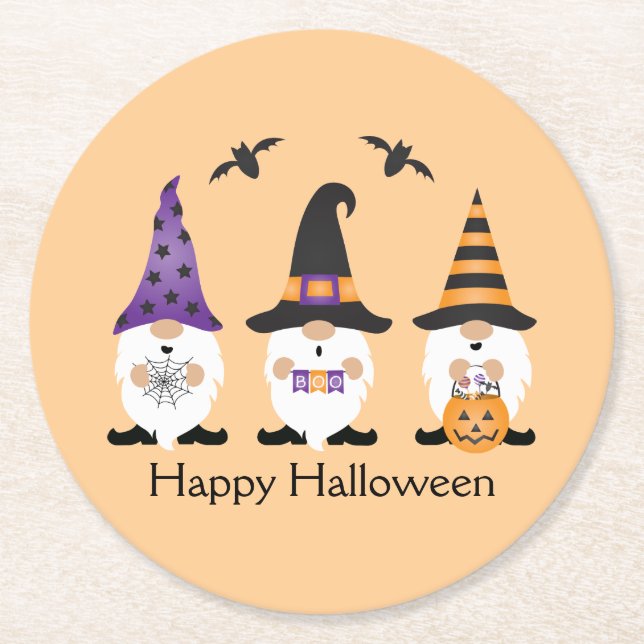 Posavasos Redondo De Papel Feliz Naranja púrpura de Halloween Gnomes (Anverso)