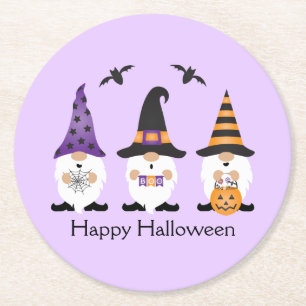 Posavasos Redondo De Papel Feliz Naranja púrpura de Halloween Gnomes
