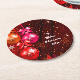 Posavasos Redondo De Papel Feliz Navidad 20XX Añadir año de texto Marrón rosa