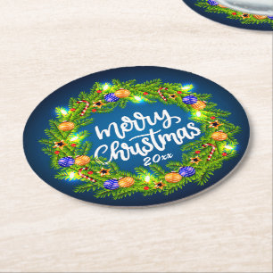 Posavasos Redondo De Papel Feliz Navidad 20XX Wreath verde en azul