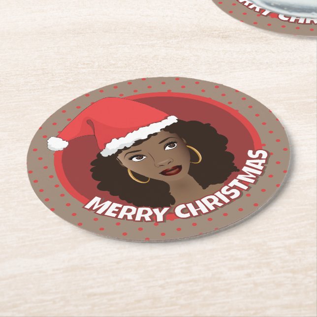 Posavasos Redondo De Papel Feliz Navidad, Black Woman Santa Hat (En perspectiva)