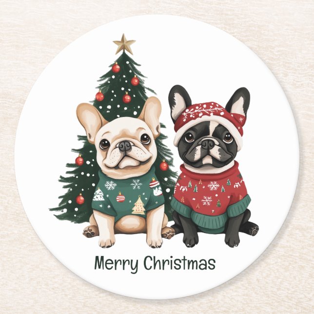 Posavasos Redondo De Papel Feliz Navidad Bulldoges franceses (Anverso)