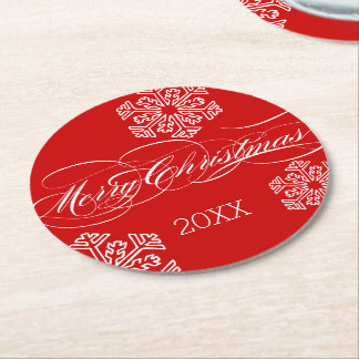 Posavasos Redondo De Papel Feliz Navidad con copos de nieve rojos con fecha p
