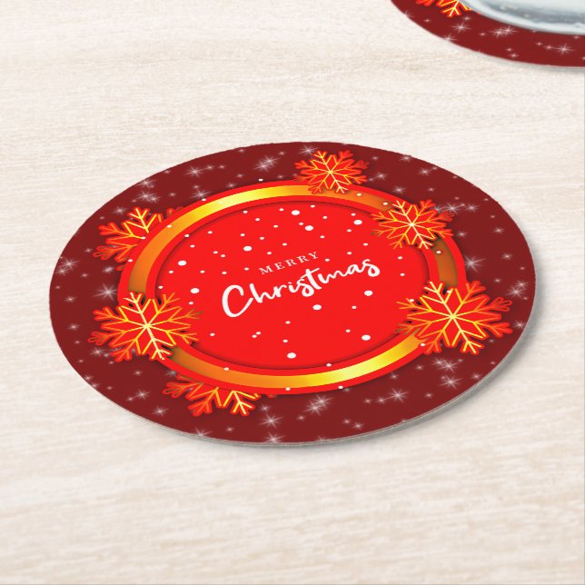 Posavasos Redondo De Papel Feliz Navidad, copos de nieve de oro rojo (En perspectiva)